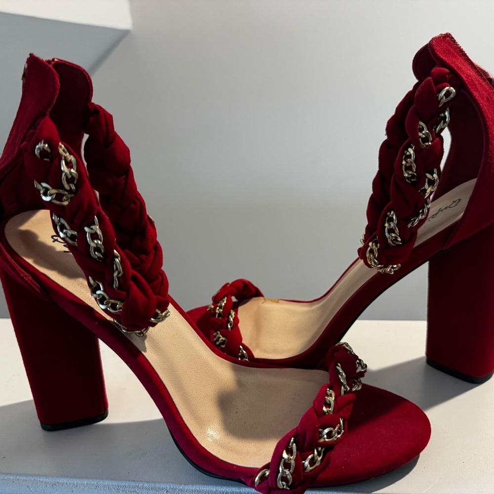 Elegant Red Chain-Embellished Heels